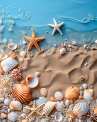 Fototapeta na wymiar Muscheln und Seestern mit Sand als Hintergrund, Thema Sommerurlaub am Strand, Generative KI