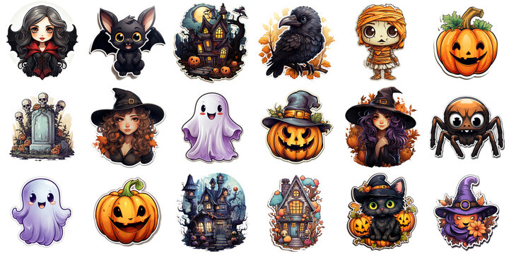 Happy Halloween holiday stickers pack, many creepy color cute Haloween cartoon characters collection spooky scary traditional trendy elements badges symbols set isolated on white background.