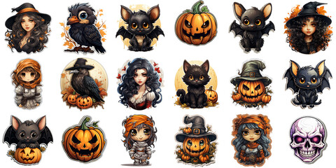 Fototapeta premium Happy Halloween holiday stickers pack, many creepy color cute Haloween cartoon characters collection spooky scary traditional trendy elements badges symbols set isolated on white background.