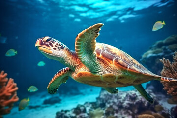 Obraz na płótnie Canvas Meeresschildkröte (Cheloniidae) schwimmt im Meer, Unterwasser, Generative KI