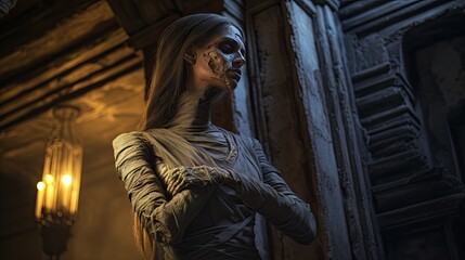 Model embodying a cursed mummy, with intricately wrapped bandages, standing in an ancient, crypt-like setting