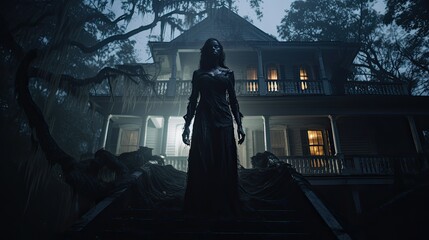 Model portraying a chilling specter, with a backdrop of an old, haunted mansion - obrazy, fototapety, plakaty