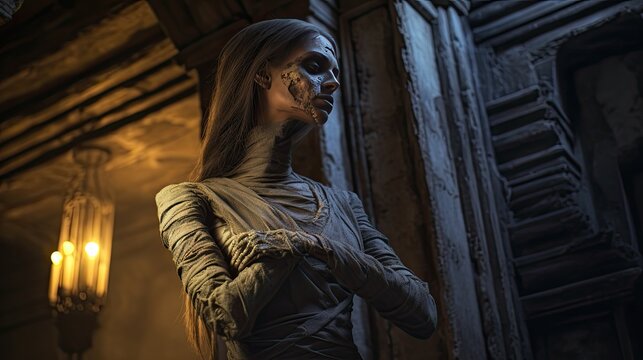 Model embodying a cursed mummy, with intricately wrapped bandages, standing in an ancient, crypt-like setting