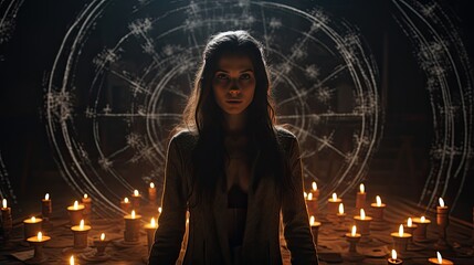 Model with unsettling possessed eyes, standing amidst a circle of arcane symbols