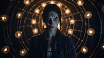 Model with unsettling possessed eyes, standing amidst a circle of arcane symbols