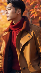 A stunningly realistic image showcasing a fashionable Korean man dressed in the latest autumn attire.