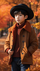 A stunningly realistic image showcasing a fashionable 
Korean boy dressed in the latest autumn attire.