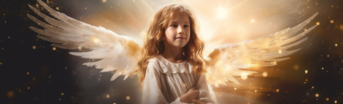 Long Christmas banner of young girl angel with wings surrounded by stars and heavenly light 