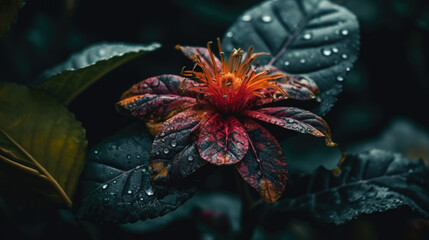 colorful flower on dark tropical foliage nature background