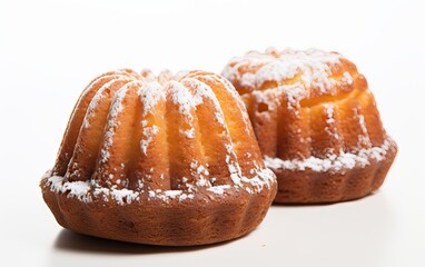 Mini bundt, cakes, muffin with delicate icing sugar isolated on white background