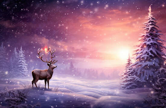 traumhafte Winterlandschaft mit einem Hirsch, dream winter landscape with a deer