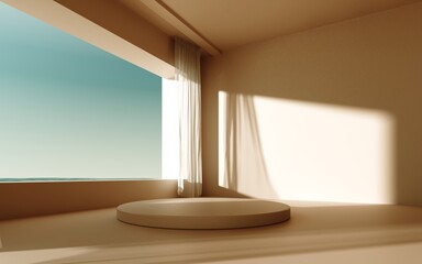 Modern minimalistic interior with a view of the sea, ocean - 3d renderer. Simple background with a podium, showcase  for advertising and presentations. Aesthetic architecture of the building space.