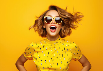 Dynamisches Bild von einer jungen Frau mit Sonnenbrille und gelben Oberteil vor gelben Hintergrund,...