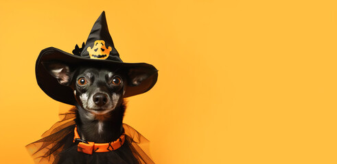 Cute dog in halloween witch hat on orange background