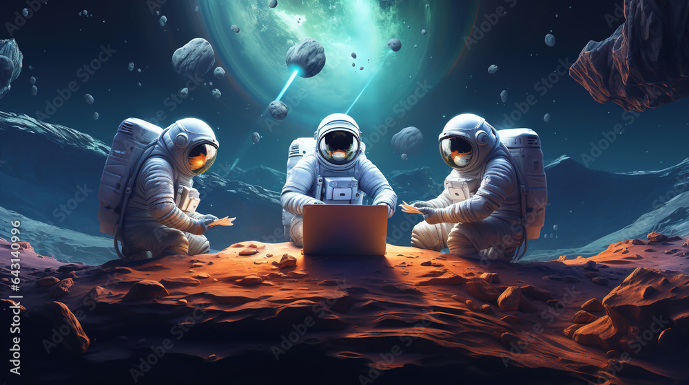 Canvas Prints illustration of three astronauts working in a laptop on an alien planet