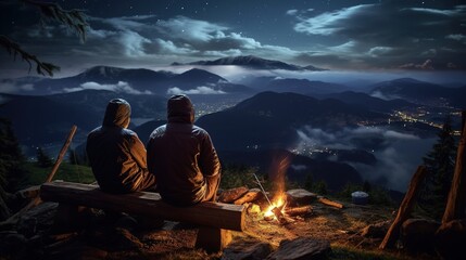 Friends hikers sitting on a bench made of logs by the fire and watching the night mountain landscape