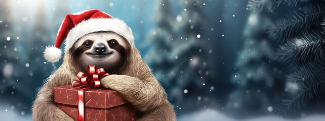 Cartoon smiling sloth in santa hat holding gift on winter background