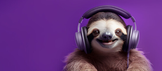 Cheerful sloth listening to music with headphones on a purple background