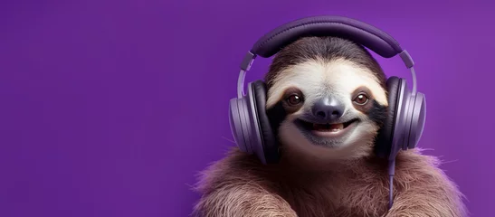 Poster Cheerful sloth listening to music with headphones on a purple background © Daria17