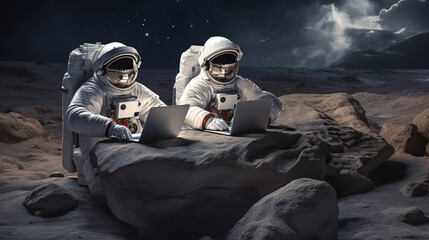 Two astronauts work in a laptop on an alien planet - obrazy, fototapety, plakaty