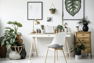 With a wooden desk, a chair with a unique design, items from the forest, an avocado plant, and office supplies. On the white wall, there are chic doodles. floral interior design. Minimalistic