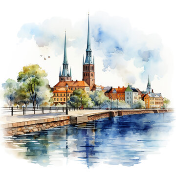 panorama of the old town watercolor