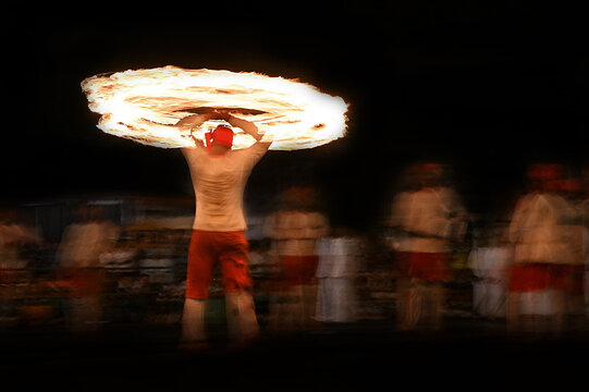 Motion Blur Long Exposure Photography Of Fire Ball Dancers At Kandy Esala Procession In Kandy, Sri Lanka. This Historical Parade Is Held Annually To Pay Homage To The Sacred Tooth Relic Of Lord Buddha