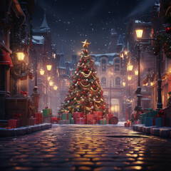 Obraz premium Cinematic decorated Christmas tree in center town square at night 