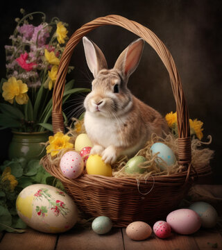 Colorful Easter eggs in basket nest with cute bunny rabbit