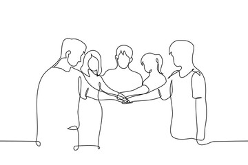 group of people from men and women put their hands together - one line art vector. the concept solidarity, teamwork, association, groups of friends, friendly team, sports team, team building - obrazy, fototapety, plakaty