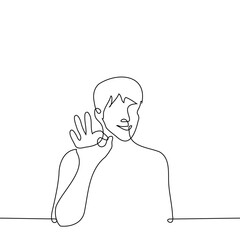 man smiling showing ok gesture - one line art vector. everything is ok concept