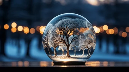 Foto op Plexiglas Christmas glass ball with tree in it on winter background © Dushan