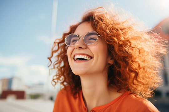 Happy excited funny beautiful woman laughing under sun light overjoyed Generative IA picture
