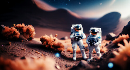 immagine primo piano di statuine astronauti nella tuta spaziale sulla superficie di un pianeta alieno, spazio e pianeti sullo sfondo
