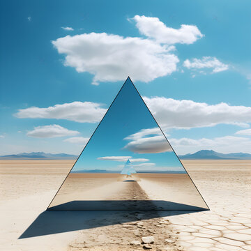 Triangle pyramid mirror in the desert with blue sky and white clouds. An artistic desert concept. Generative ai. 