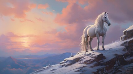 Sunset over Snowy Mountains with White Horse. Generative AI