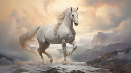 Obraz na płótnie Canvas Powerful White Horse Prancing on Rocky Cliff with Cloudy Mountains. Generative AI