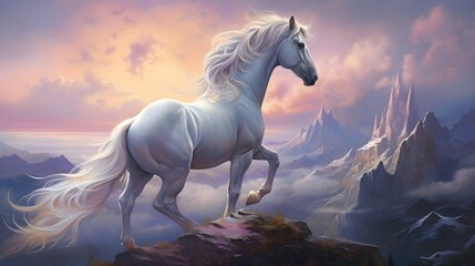Obraz na płótnie Canvas A Majestic White Horse on a Mountain Cliff. Generative AI