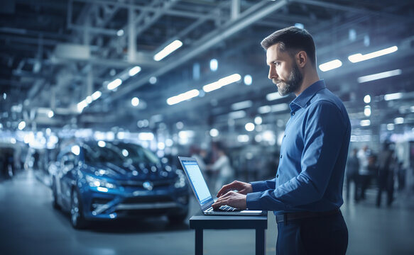 Male car factory engineer in businesswear using laptop at automotive industrial manufacture vehicle production.