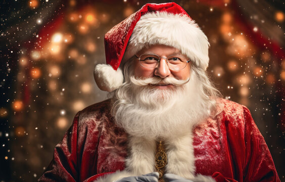 Santa Claus in golden bokeh lighting with copy space 