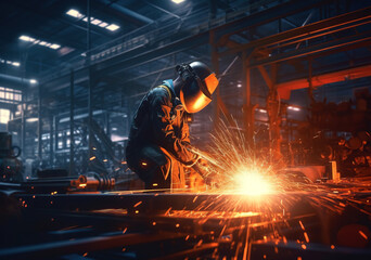Industrial worker using angle grinder and cutting a metal. Contractor in safety uniform and hardhat manufacturing metal structures at Heavy industry engineering factory. - obrazy, fototapety, plakaty