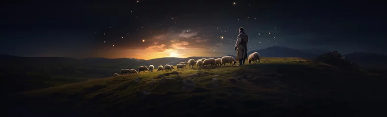 Fotobehang Long banner of shepherd tending his sheep at night under the stars  © Lynne Ann Mitchell