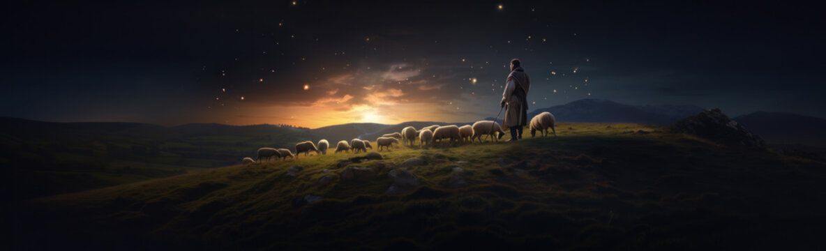 Long banner of shepherd tending his sheep at night under the stars 