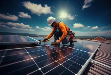 Engineer worker setting up Solar panel at the roof top. Engineer or worker installing solar panels or solar cells on the roof of house building. - obrazy, fototapety, plakaty