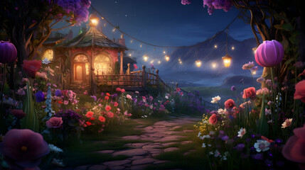 Magical fairy fantasy wood, large trees, flowers and mushrooms, late at night