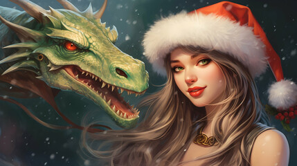Green dragon - symbol of the new year with a pretty girl in santa's outfit
