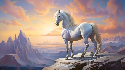 Obraz na płótnie Canvas Fantastical Digital Painting of a White Horse on a Snowy Mountain Cliff. Generative AI