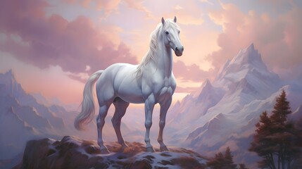 Obraz na płótnie Canvas White Horse on a Snowy Cliff with a Mountainous Background. Generative AI