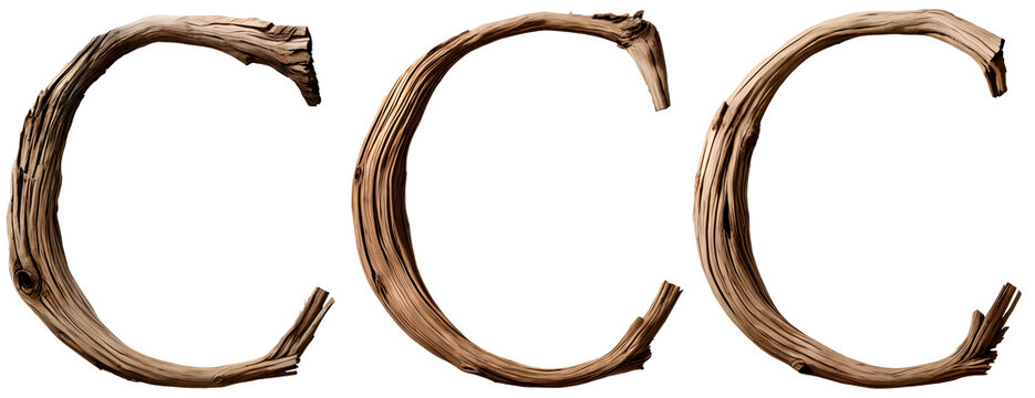 letter C made of old creepy tree branches. for title of horror movie, book, tv show or game. transparent background