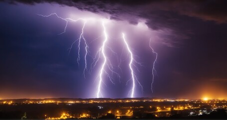 Stormy night with lightning illuminating the city skyline. Ideal for dramatic presentations, storm warnings, and city-related visual storytelling..